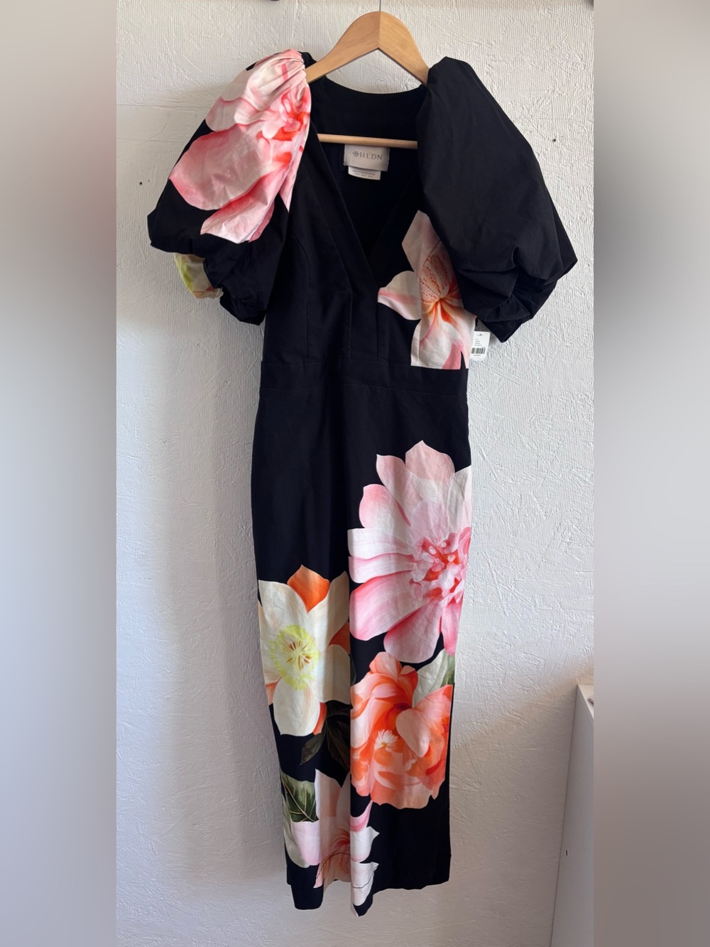 NWT Anthropologie BHLDN V Neck Puff Sleeve Floral Midi Dress with Sublte Stretch - Picture 4 of 13